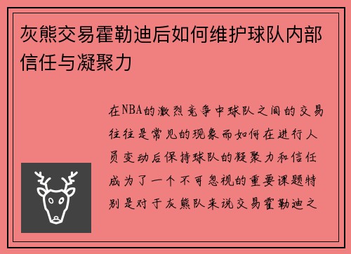 灰熊交易霍勒迪后如何维护球队内部信任与凝聚力 灰熊交易霍勒迪后如何维护球队内部信任与凝聚力